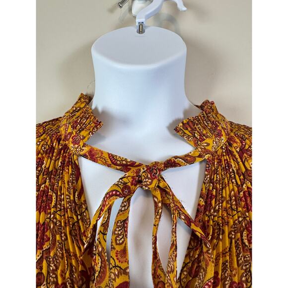 Max Studio XL Boho Tapestry Blouse Pleated Tie-Neck Smocked Cuff Peasant Top - Picture 4 of 10